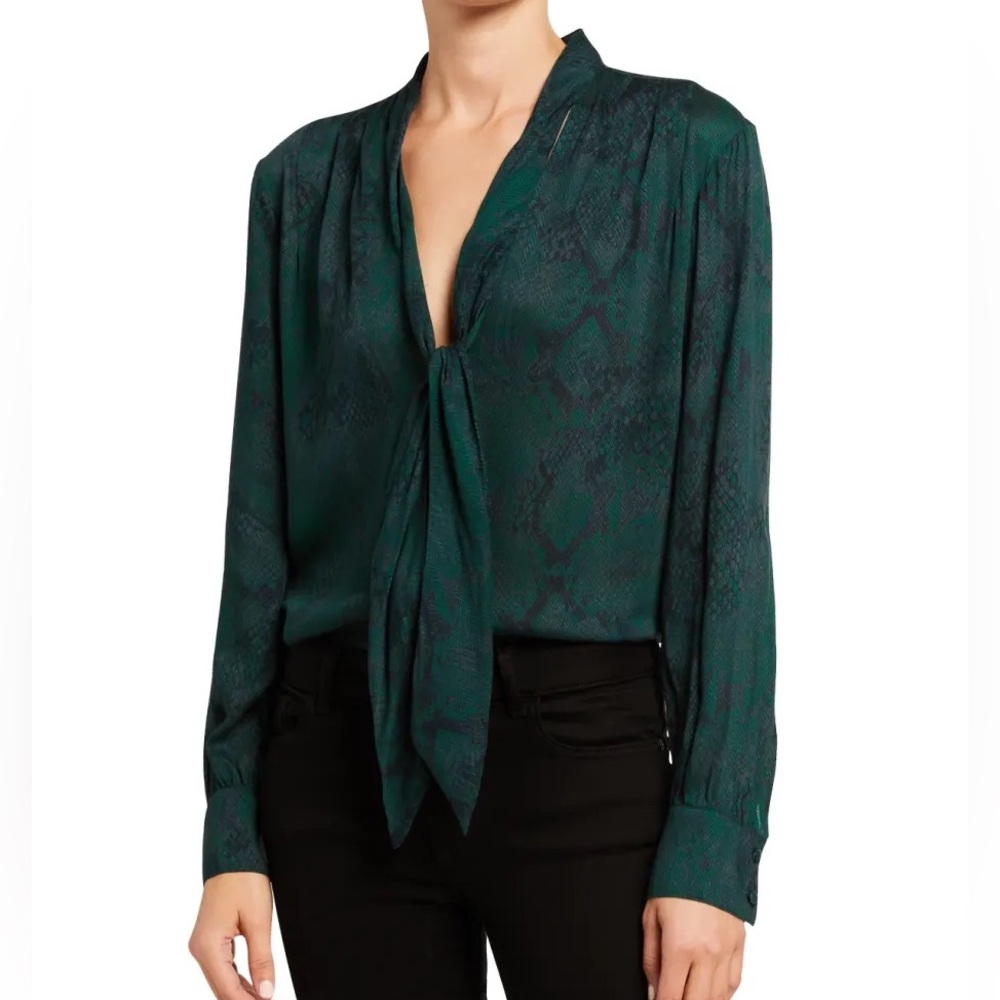 7 For All Mankind Green Pussybow Tie Neck Blouse